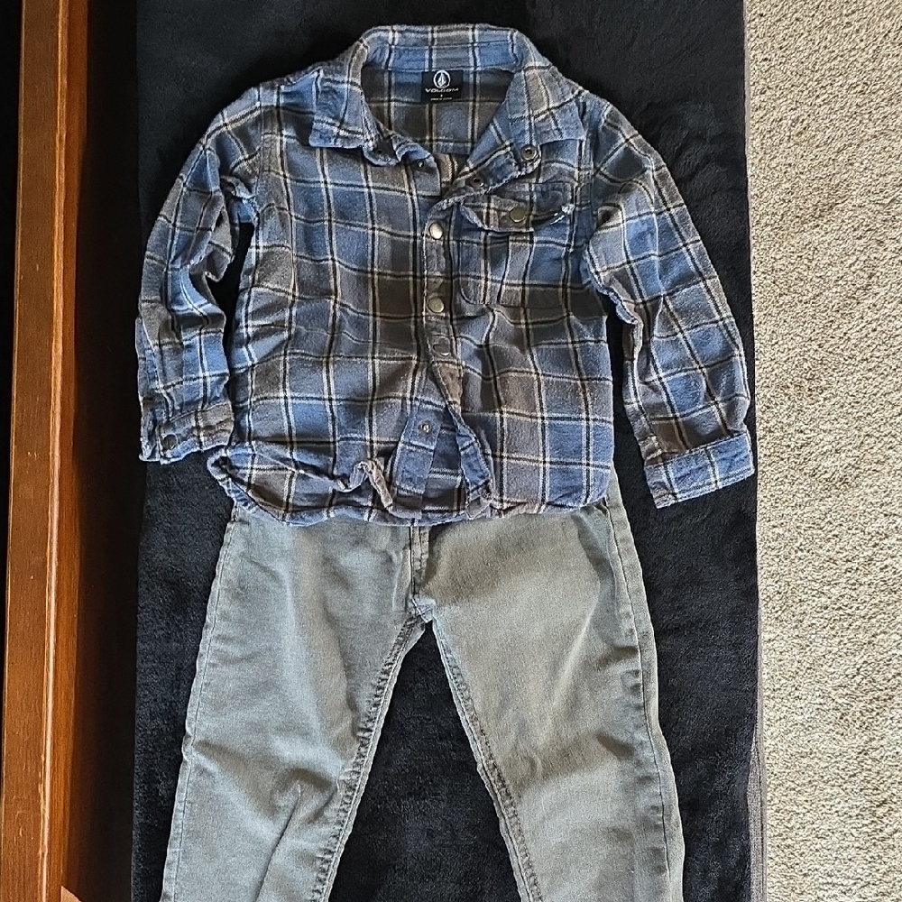 Volcom Kids Blue Plaid Shirt and Gray Pants Set